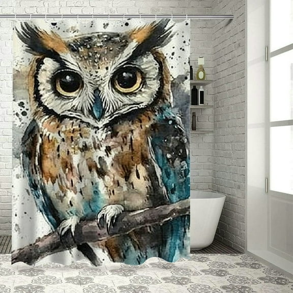 Autua Owl Branch Watercolor Bathroom Shower Curtain Set with Hooks, Premium Polyester Fabric Home Bathtubs Decoration, Waterproof and Easy to Install 36"x72
