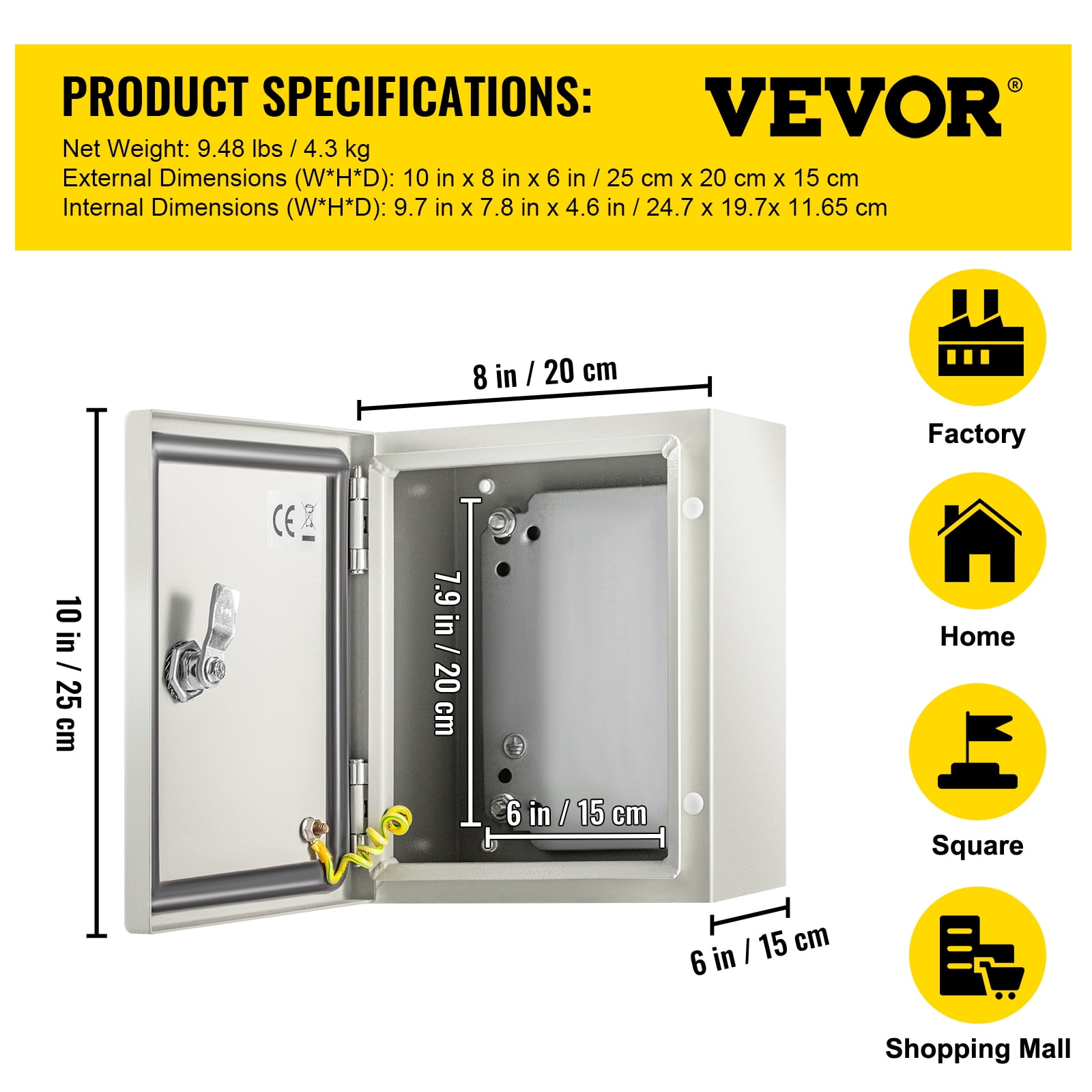 VEVOR NEMA Metal Case, 10 x 8 x 6'' NEMA 4X Metal Electric Enclosure, IP66 Water & Dust Resistant, Suitable for Both Outdoor & Indoor Use, Includes Mounting Plate