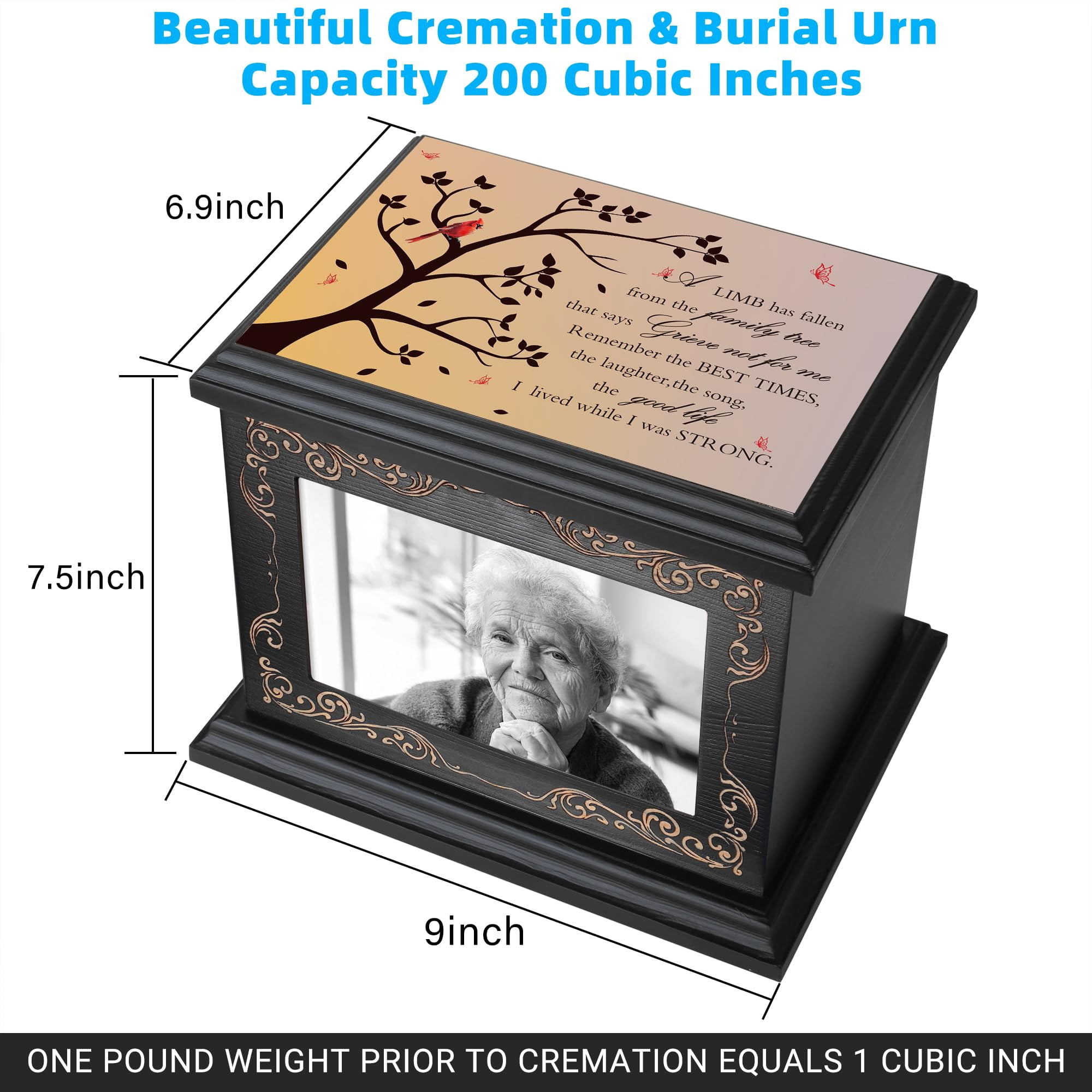Funeral Urn for Human Ashes, Personalized Wooden Cremation Urn with Photo Frame, Large Capacity 200 Cubic Inches, Memorial Urn for Adults, Black