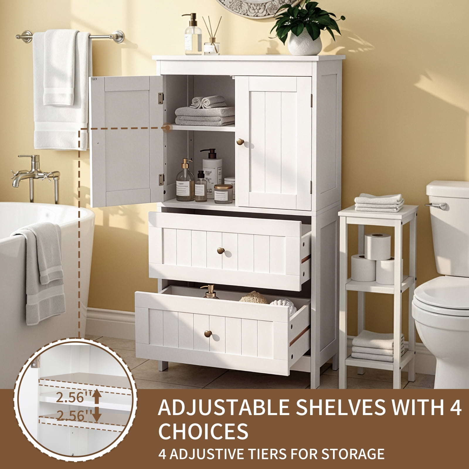 Ktaxon Bathroom Floor Storage Cabinet, Freestanding Cabinet with 2 Doors 2 Drawers, Adjustable Shelves, White