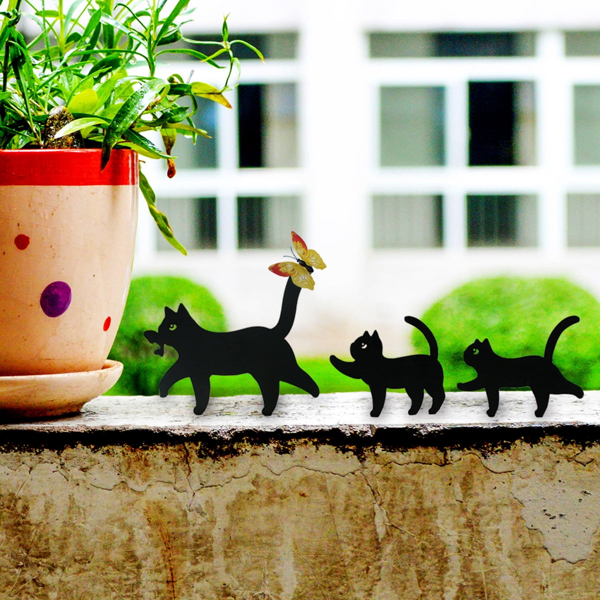 Black Cat Mother - and - Son Garden Stakes Set - Outdoor Cat Silhouette Yard Art & Lawn Fence Decor