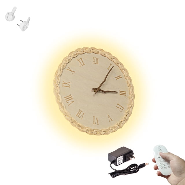 FSLiving Rechargeable Battery Operated LED Wall Sconces Creative Rattan Woven Wooden Round Wall Clock Dimmable Decorative Lamp Fixtures Remote Control for Entryway Fireplace Mantel Decor - 1 Pack