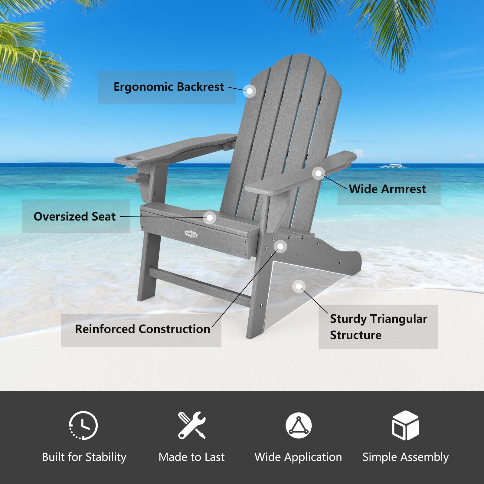 Patiojoy 2PCS Adirondack Chair Outdoor with Cup Holde Weather Resistant Lounger Chair for Backyard Garden Patio and Deck Grey