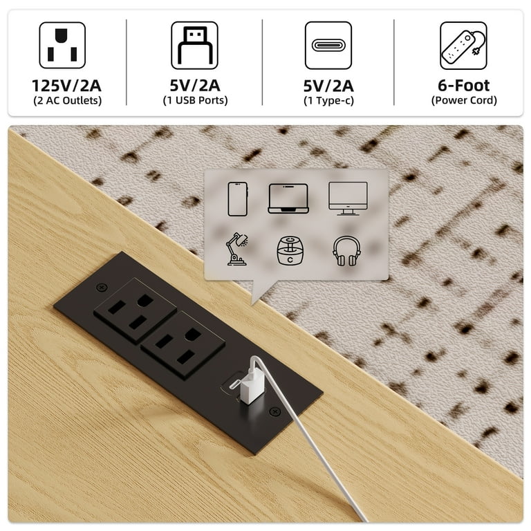 TOKSOM 55.1" Office Desk with 7 Drawers & Built-in Charging Station Nature Wood Color Study Desk with Gold Handles, File Drawers, Metal Slides