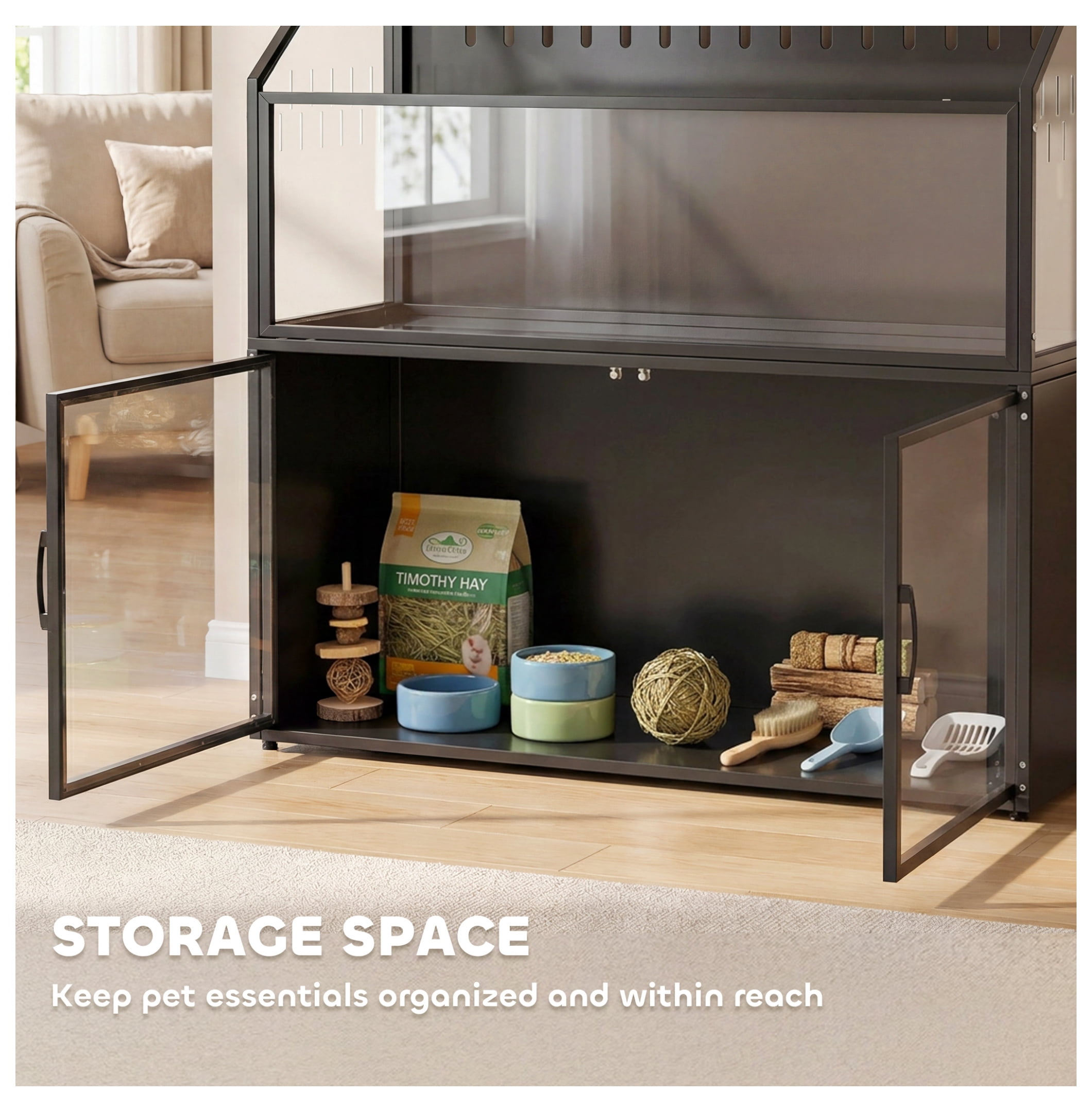 Hamster Cage with Storage, Small Animal Habitat - Guinea Pig, Gerbil, Mouse Cage with Acrylic Panels & Top Open, Black