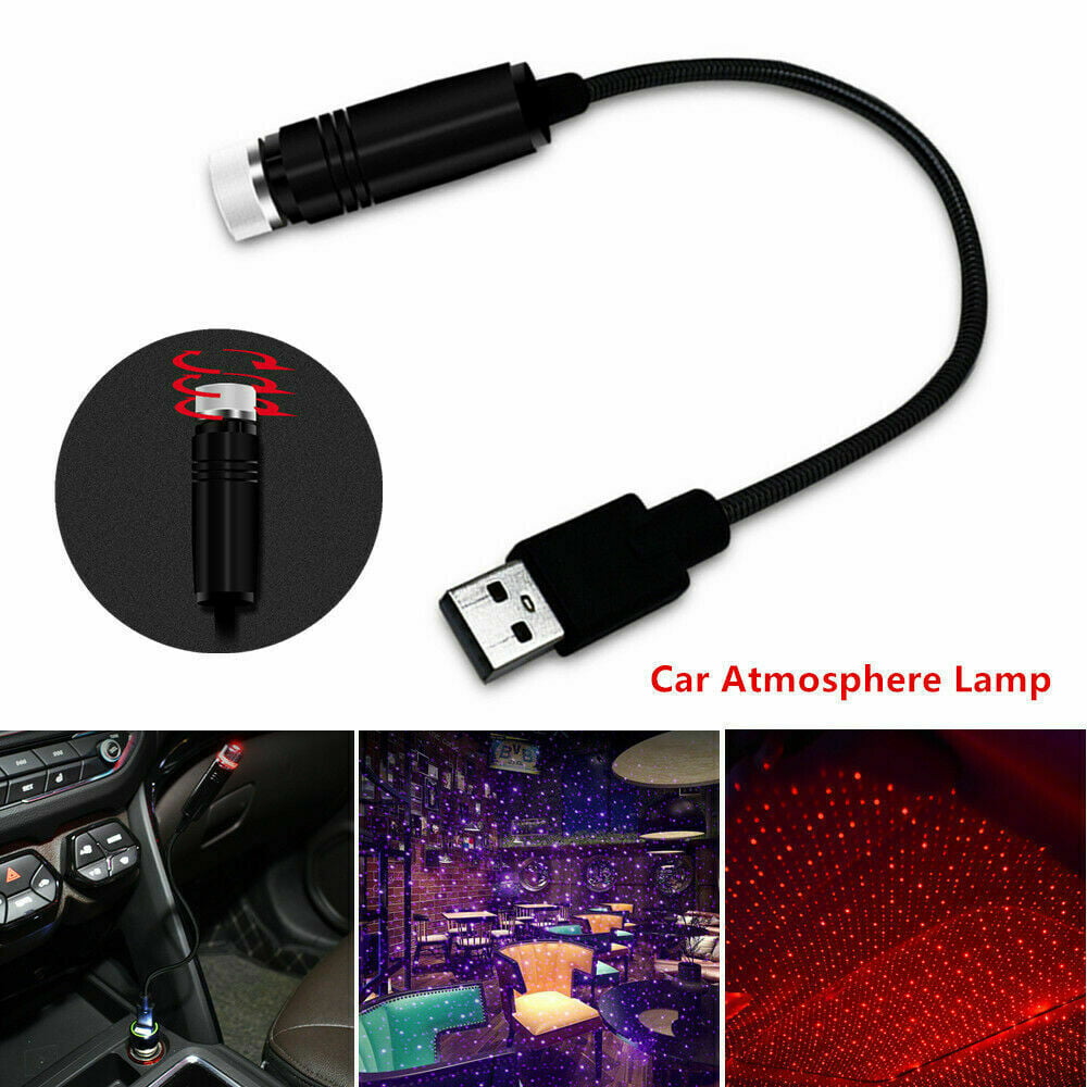 Red Starry, Black with 2 USB Adapters for mobile phone Car USB Roof Star Projector Lights Flexible Romantic USB Ambient Atmosphere Lamp Fit All Cars Ceiling Decoration 