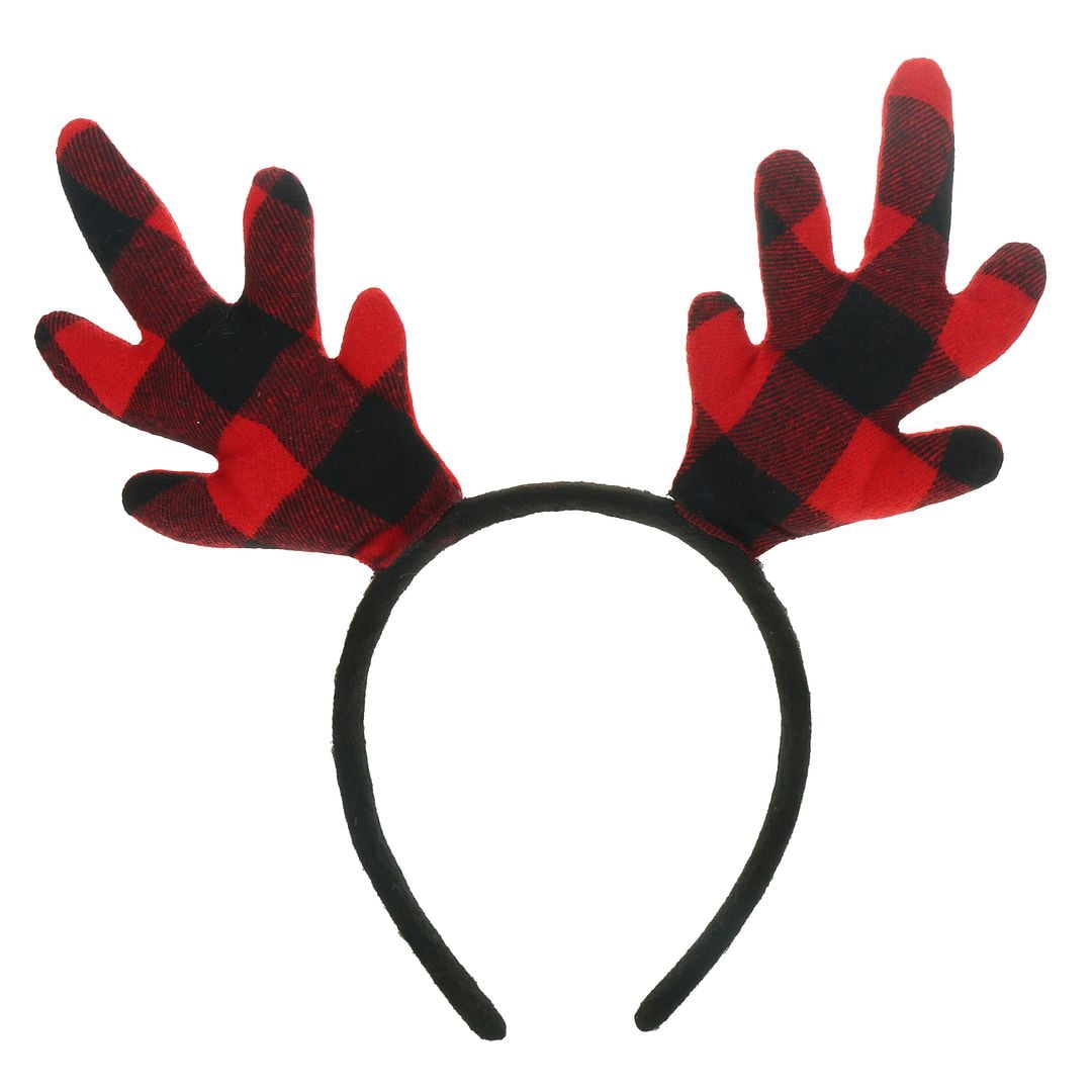 Holiday Time Buffalo Check Reindeer Antler Headband, for Women and Teens Black