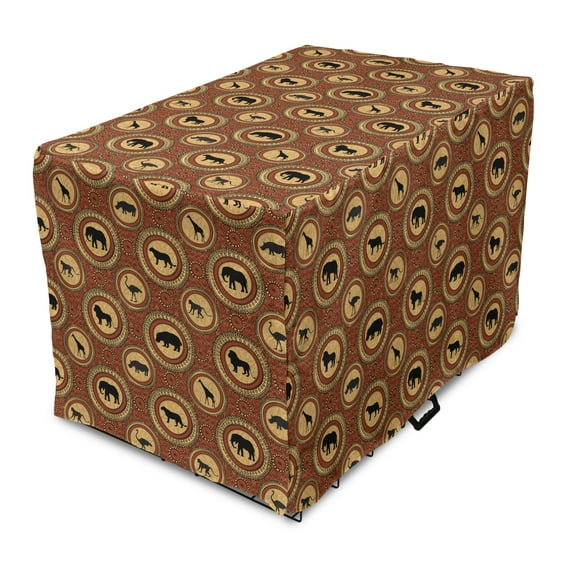 Savannah Dog Crate Cover, Medallion Pattern of Monkey Giraffe Lion African Inspired Ethnic Design, Easy to Use Pet Kennel Cover Small Dogs Puppies Kittens, 7 Sizes, Mustard and Brown, by Ambesonne
