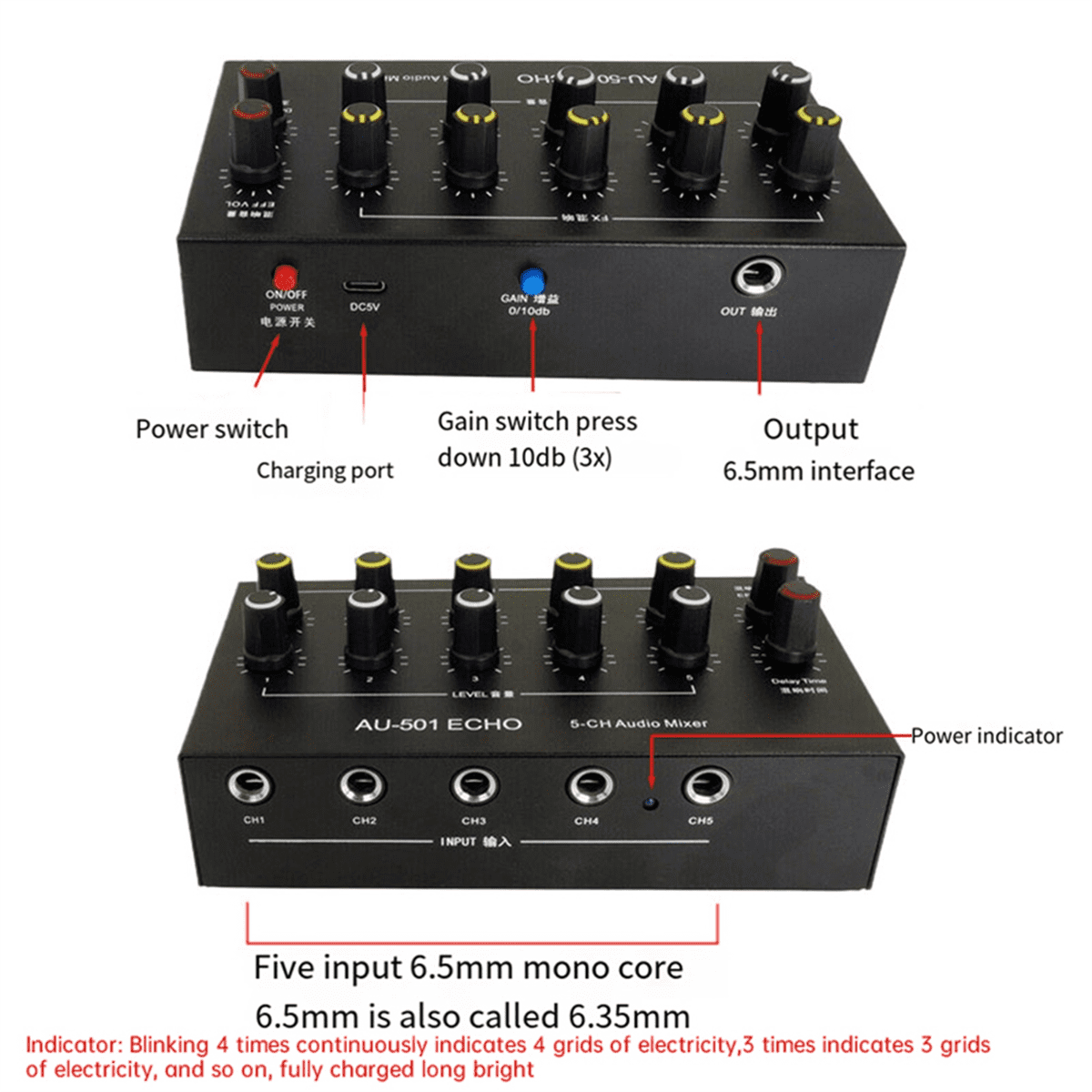 AU-501 Condenser Microphone Expander 5 Channel 6.5mm Microphone Mixer Multi-Channel Input Expander Hub,1 x Condenser Microphone Expander 1 x Charging cable 1 x 6.5mm audio line,Black