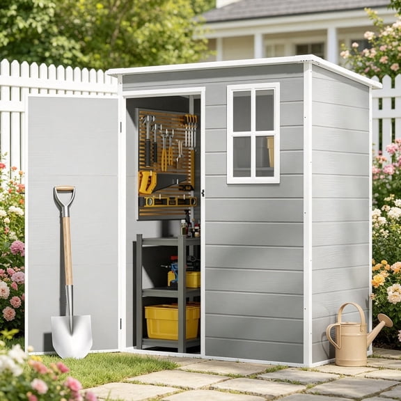 Asofer All-Weather Resin Storage Shed, Weatherproof Plastic Tool Shed with Built-in Floor & Lockable Door, Gray