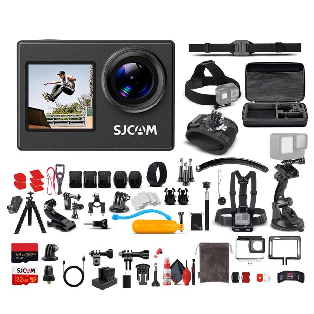 SJCAM SJ4000 Dual Screen Action Camera with Dual Displays, Wi-Fi, and Audio Recording, Bundle Including: 64GB Micro SD Card, 50-in-1 Action Kit, Card Reader, Card Wallet, and USB-C Adapter