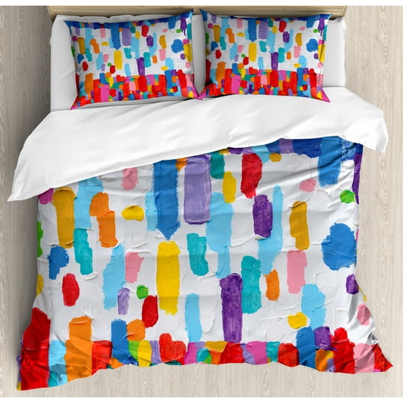 Art Duvet Cover Set Queen Size, Colorful Abstract Painting Style in Contrasting Colors French Flag Pattern Brush Mark, Decorative 3 Piece Bedding Set with 2 Pillow Shams, Multicolor, by Ambesonne