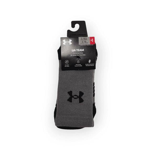 UA Team Cushioned Crew Socks, M 7-8.5, W 6-10, Graphite