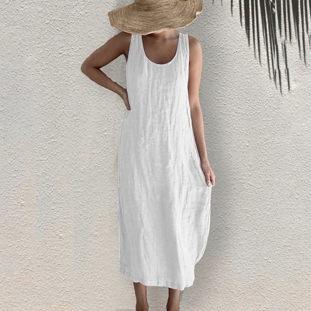 Mefallenssiah Femmes Sans Manches Col Rond Robe Femmes Été Décontractée Col Rond Plage Sans Manches Robe