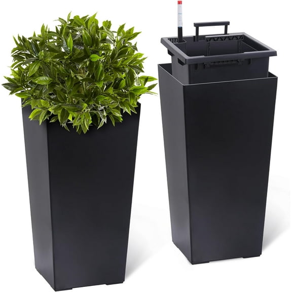 23" Tall Planters Set of 2, Outdoor＆Indoor Black Planter Pots, High Front Porch Planter Pots with Drainage Holes＆Water Level Monitor＆Inner Bucket, Automatic Watering, Convenience Instill