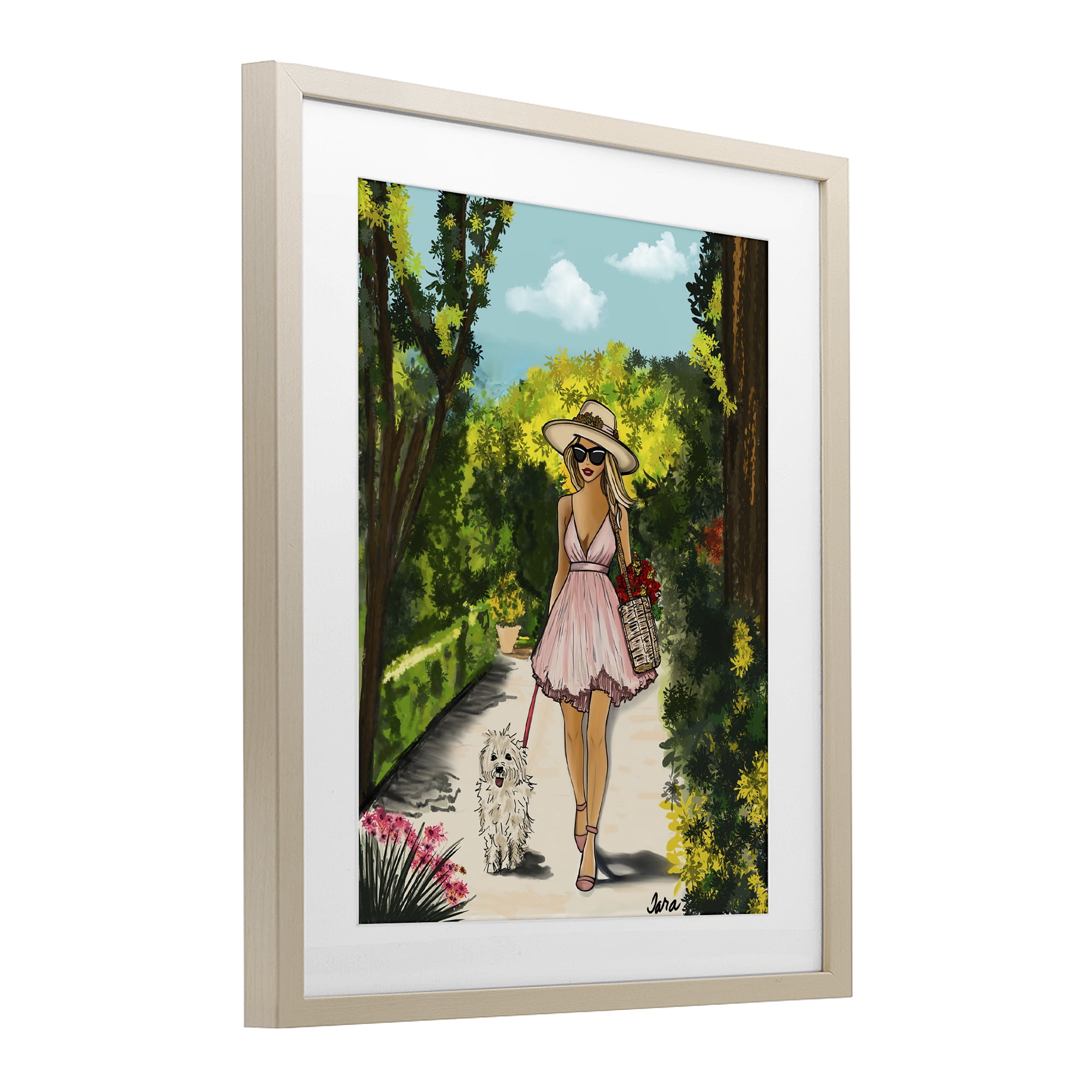 Stupell Industries Garden Girl Strolling with Pup Birch Framed Print Under Glass, design by Tara Boone