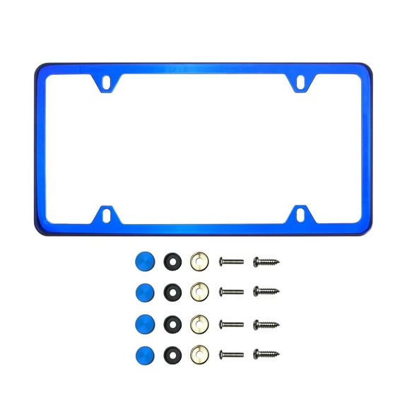 KA Depot Four Hole Slim Version Blue Chrome Mirror License Plate Frame T304 Stainless Steel   Metal Screw Caps