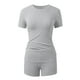 thumbnail image 4 of Conjunto de dos piezas con pliegues y manga corta para mujer: top con cuello redondo y pantalones de cintura alta y pierna ancha, tejido elástico, para todas las estaciones, 4 of 4