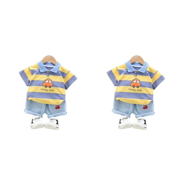 Qarigey Conjunto de pantalón y camisa con cuello vuelto y patrón de rayas para niños, conjunto de pantalones cortos para banquetes para Amarillo 80cm 2piezas