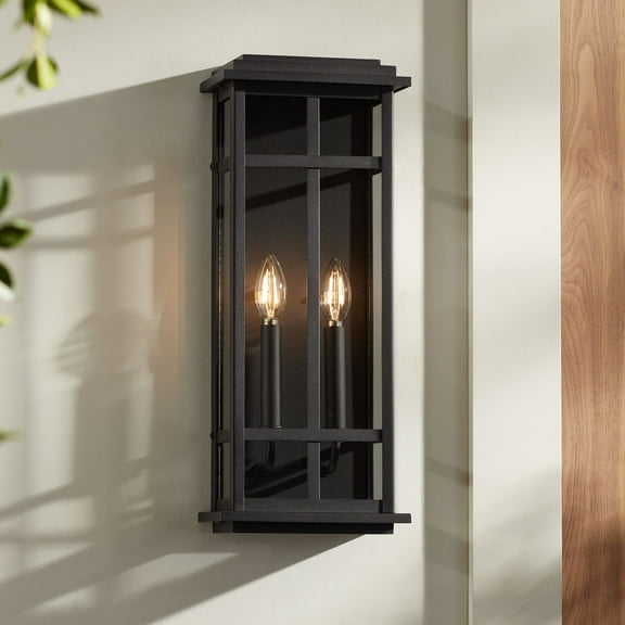 Possini Euro Design Metrix 20" High Farmhouse Rustic Rectangular Outdoor Wall Light Fixture Mount Porch 2-Light Black Glass Shade
