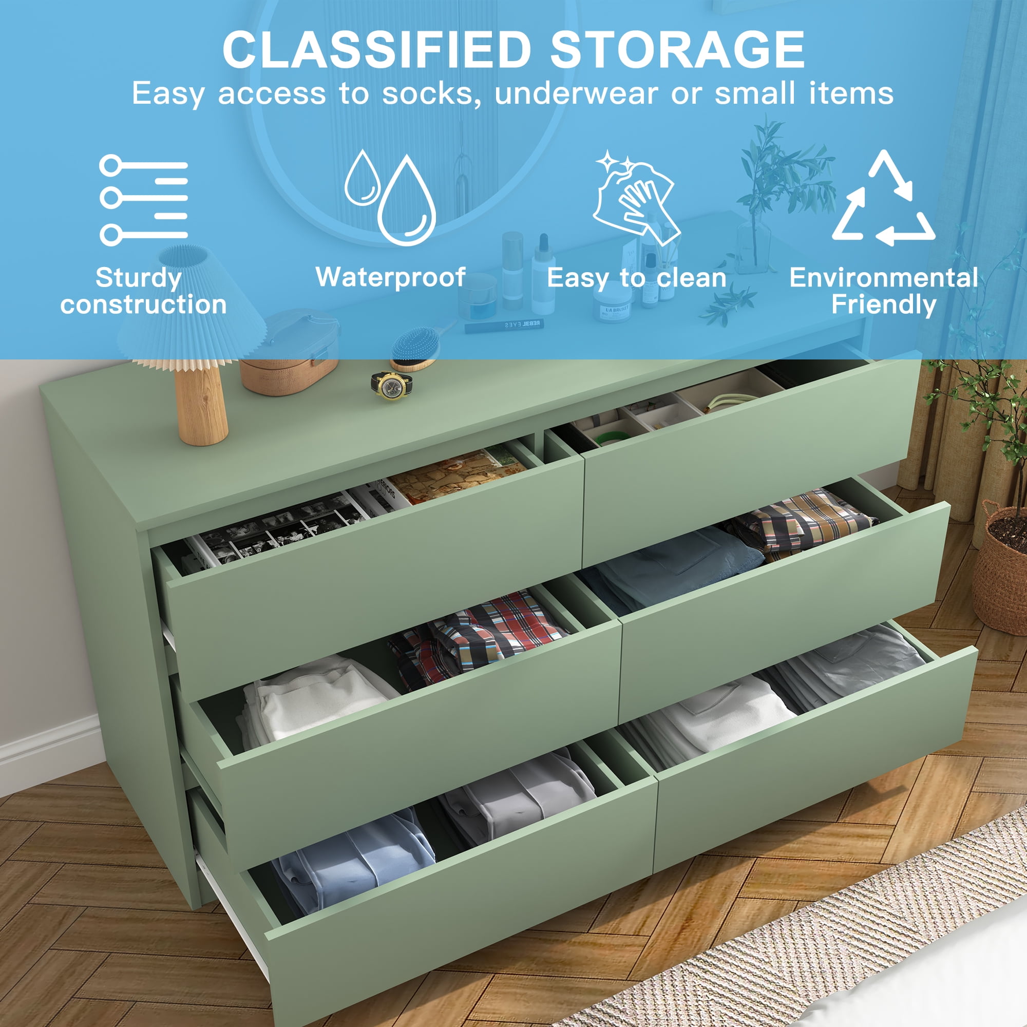 Finihen 6 Drawer Double Dresser, Modern 6 Chest of Drawers with Deep Drawers, Wide Storage Organizer Cabinet for Living Room, Kids, Green Finihen 6 Drawer Double Dresser, Modern 6 Chest of Drawers with Deep Drawers, Wide Storage Organizer Cabinet for Living Room, Kids, Green