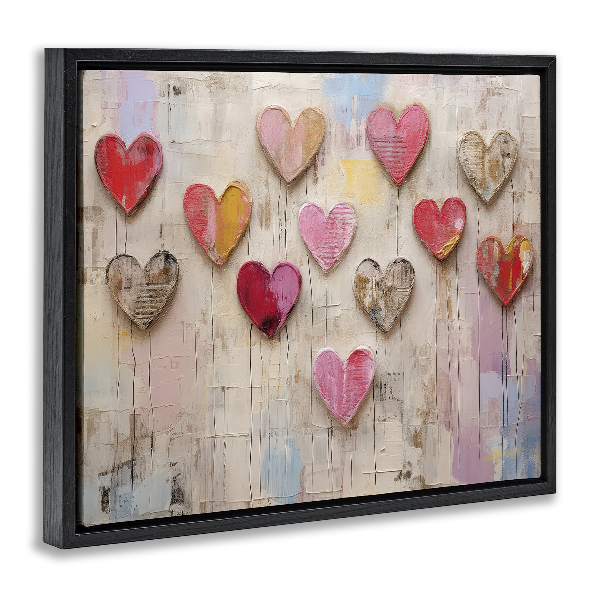 Stupell Industries Playful Love Hearts Collage Abstract Painting Black Floater Framed Canvas Art Print Wall Art, 21 x 17