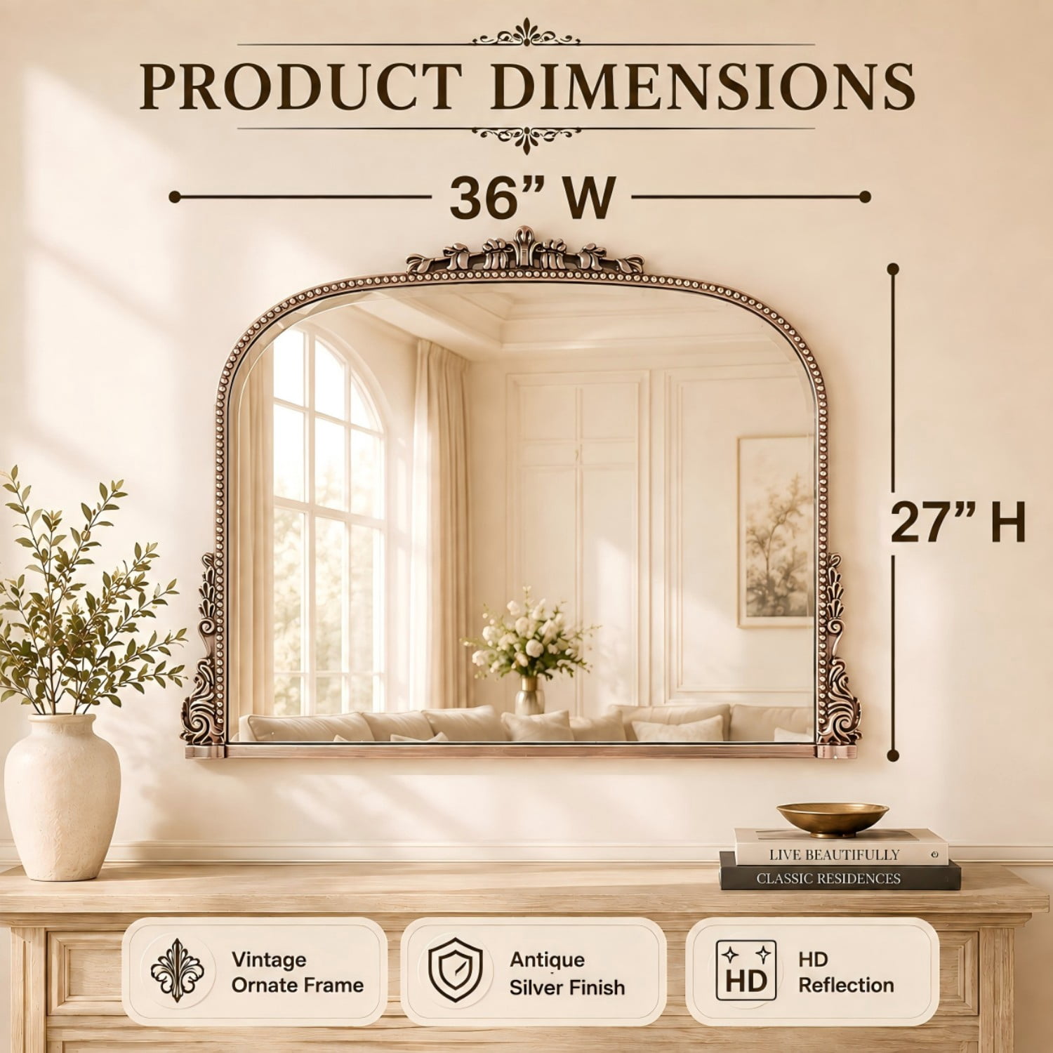 BEAUTYPEAK 36"x27" Vintage Bathroom Mirror Baroque Style Decorative Vanity Mirror Wall Mounted, Antique Silver