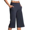 thumbnail image 2 of Women's Wide Leg Capri Pants Stretch High Waisted Summer Office Work Casual Yoga Dress Cropped Pants with Pockets Navy, 2 of 7