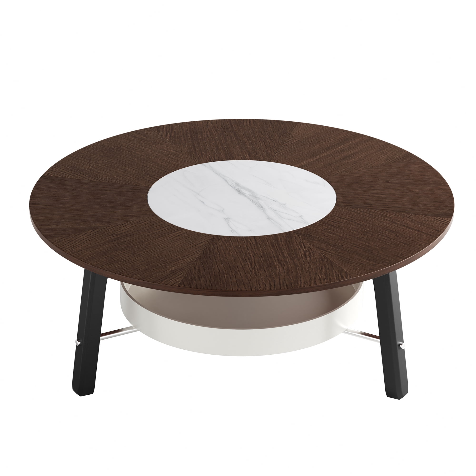 Leumius Round Coffee Table with Storage Shelf, Modern Minimalist Center Table for Living Room Walnut+White