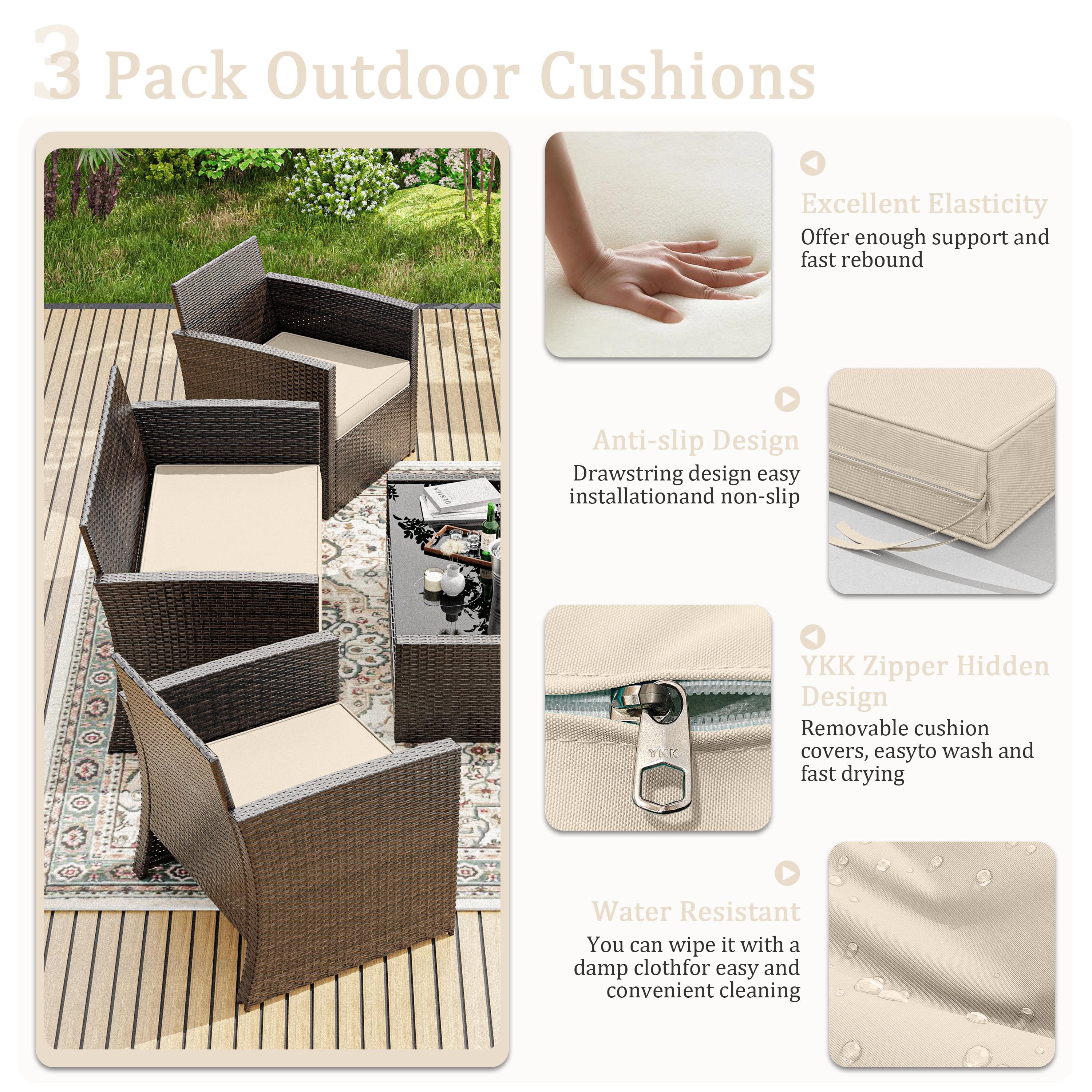 Snubbull 3 Pack Outdoor Replacement Cushions for 4-Seater Wicker Rattan Loveseat Sofa Chair Patio Furniture, 36 x 18 x 3,18 x 18 x 3, Cream