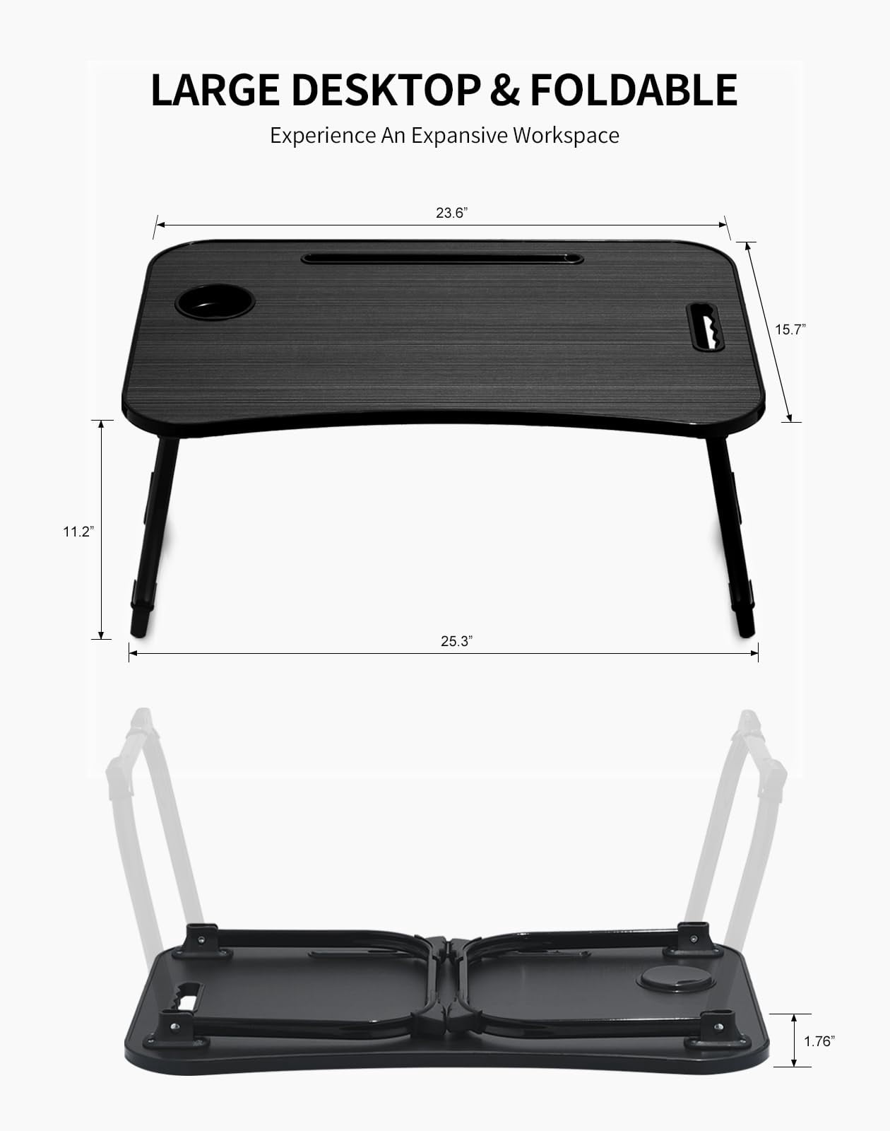 Laptop Bed Desk  Foldable Lap Portable Table Stand With Cup Holder & Tablet Slot Lifting Handle For Working Writing Drawing Eating - Dark Black