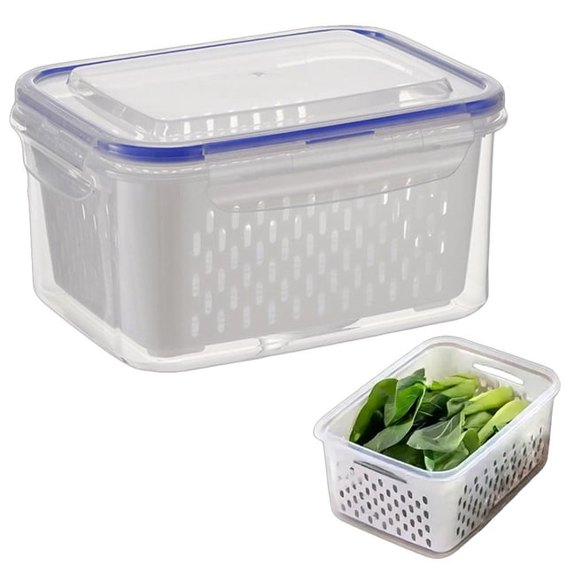 4 In 1 Food Storage Container, Fruit Saver Storage Containers for Fridge, Stackable Fruit Berry Containers with Lid & Removable Colander, Long-Term Freshness, Dishwasher Safe
