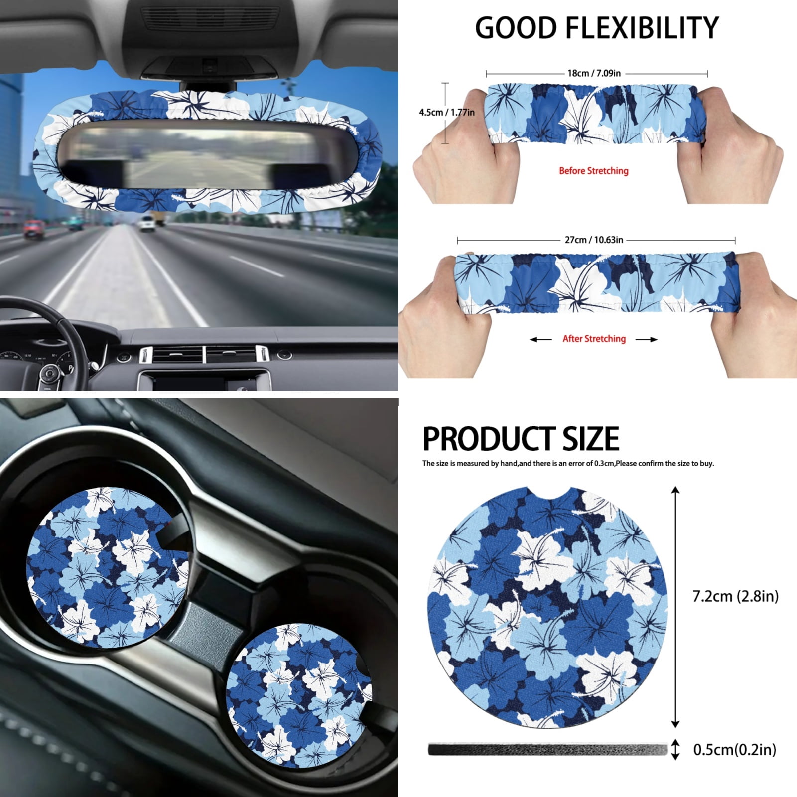 Yuyamidu Blue Hibiscus Car Seat Covers Full Set of 16 Flower Steering Wheel Cover Seatbelt Pads Coasters Sunshade Rear View Mirror Cover Key ChainGear Shift Cover Hand Brake Cover Universal Fit