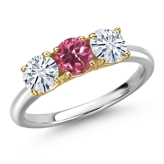 Gem Stone King 10K Two Tone Gold Pink Tourmaline and White Moissanite Engagement Ring for Women | 1.52 Cttw | Round 5MM | Gemstone October Birthstone | Size 5