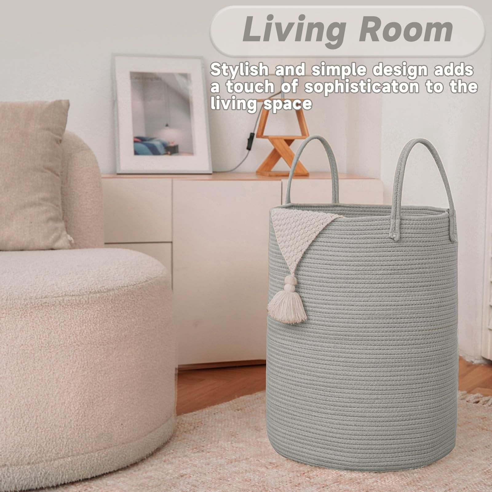 Large Woven Laundry Basket Hamper,60L Cotton Rope Storage Bin for Blankets,Toys and Clothes,Decorative Tall Nursery Hamper for Living Room,Baby Nursery,Bathroom and Bedroom