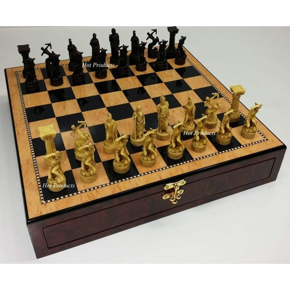 Greek Roman Gods Mythology Chess Set W/ 17" Walnut  Maple Color Storage Board