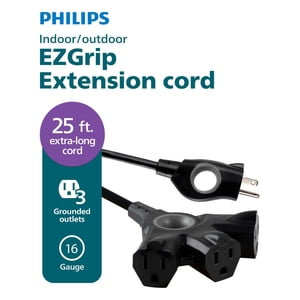 Philips EZGrip 25 ft Outdoor Extension Cord, 3-Outlet, Black