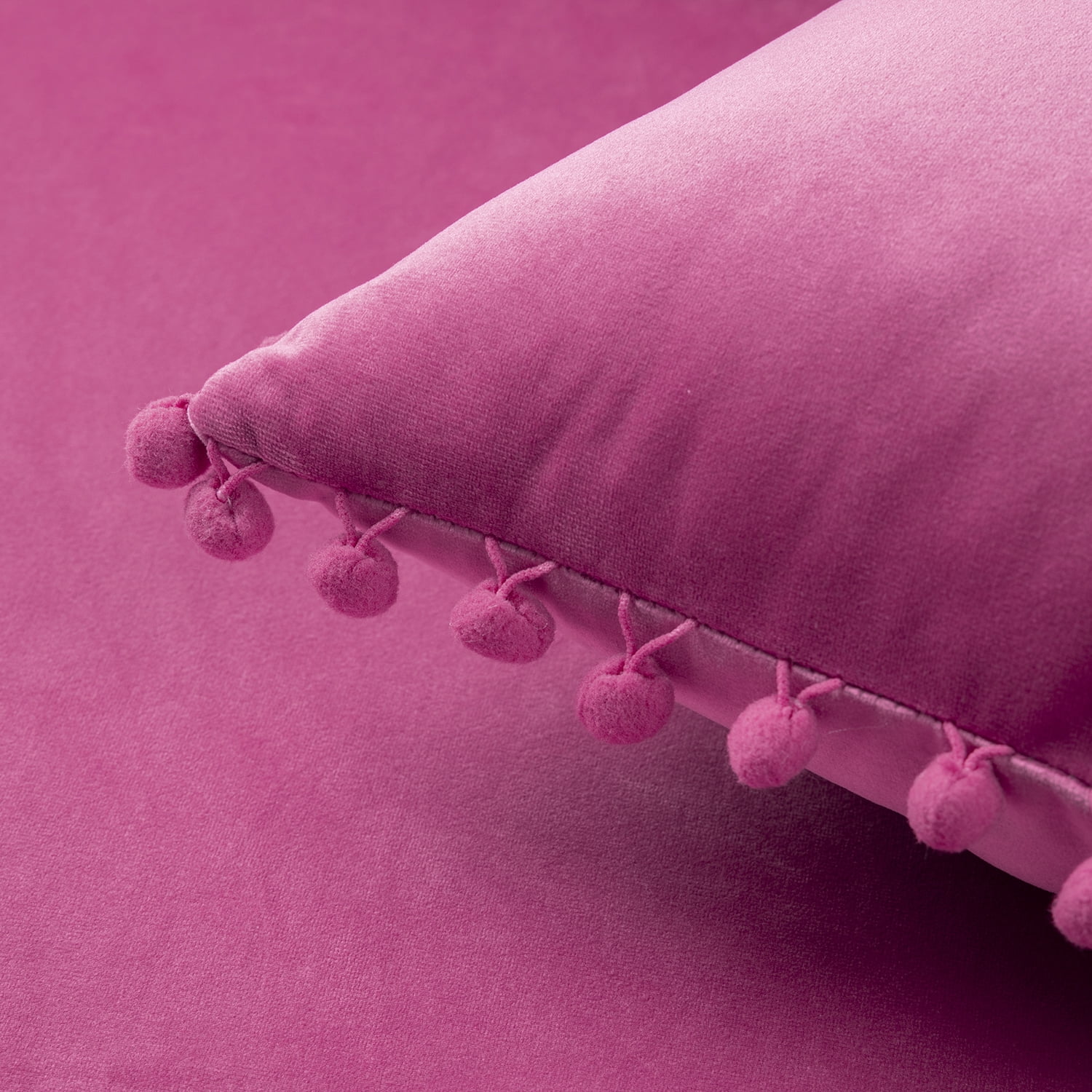 Phantoscope Pink Throw Pillow Covers 2 Pack, 12" x 20" Velvet Decorative Pillow Cases with Pom Poms, Soft Square Cushion Covers for Couch Sofa Bed