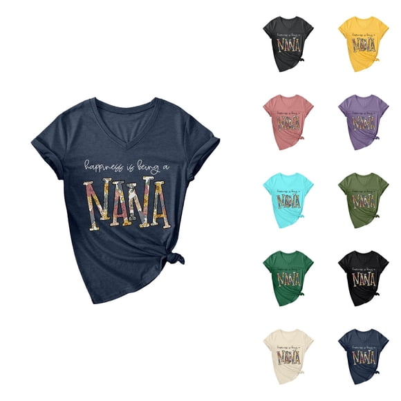 Le Bonheur, C'est d'Être une Nana T-Shirt pour Femme 2026 Été Décontracté à Manches Courtes Col en V Mignon T-Shirt Graphique Grand-Maman T-Shirt Fête des Mères