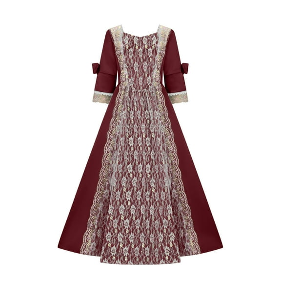 ZQUUVOU Women's Vintage Court Gown Plus Size 3/4 Sleeve Square Neck Flared Skirt Ball Medieval Renaissance Prom Dress Burgundy