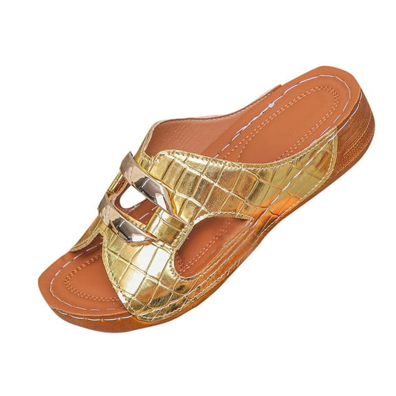 Hopeusnice Slippers for Women Soft Non-Slip PU Materials Summer Shoes Open Toe Women's Slippers Trendy Thick-Soled Heel Breathable Moisture-Wicking Walking Shoes Gold 36
