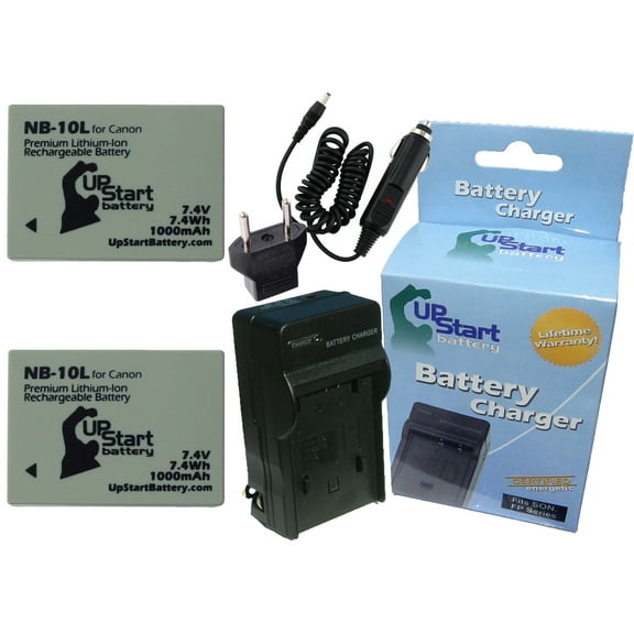 2x Pack - Canon PowerShot SX50 HS Battery   Charger with Car & EU Adapters - Replacement for Canon NB-10L Digital Camera Battery and Charger (1000mAh, 7.4V, Lithium-Ion)
