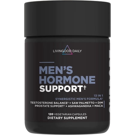 Livingood Daily Men's Hormone Support Supplement for Vitality & Balance, 14-in-1 Testosterone Booster for Men with Ashwagandha, Maca, DIM, Zinc, Saw Palmetto, Vitamin B12 & More, Vegan, 120 Capsules