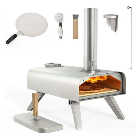 AetherLove Wood Fired Outdoor Pizza Oven, 12" Portable Pellet Pizza Ovens with Pizza Peel & Pizza Cutter, Woodfire Pizza Maker for Outside Kitchen Cooking Stainless Steel Silver