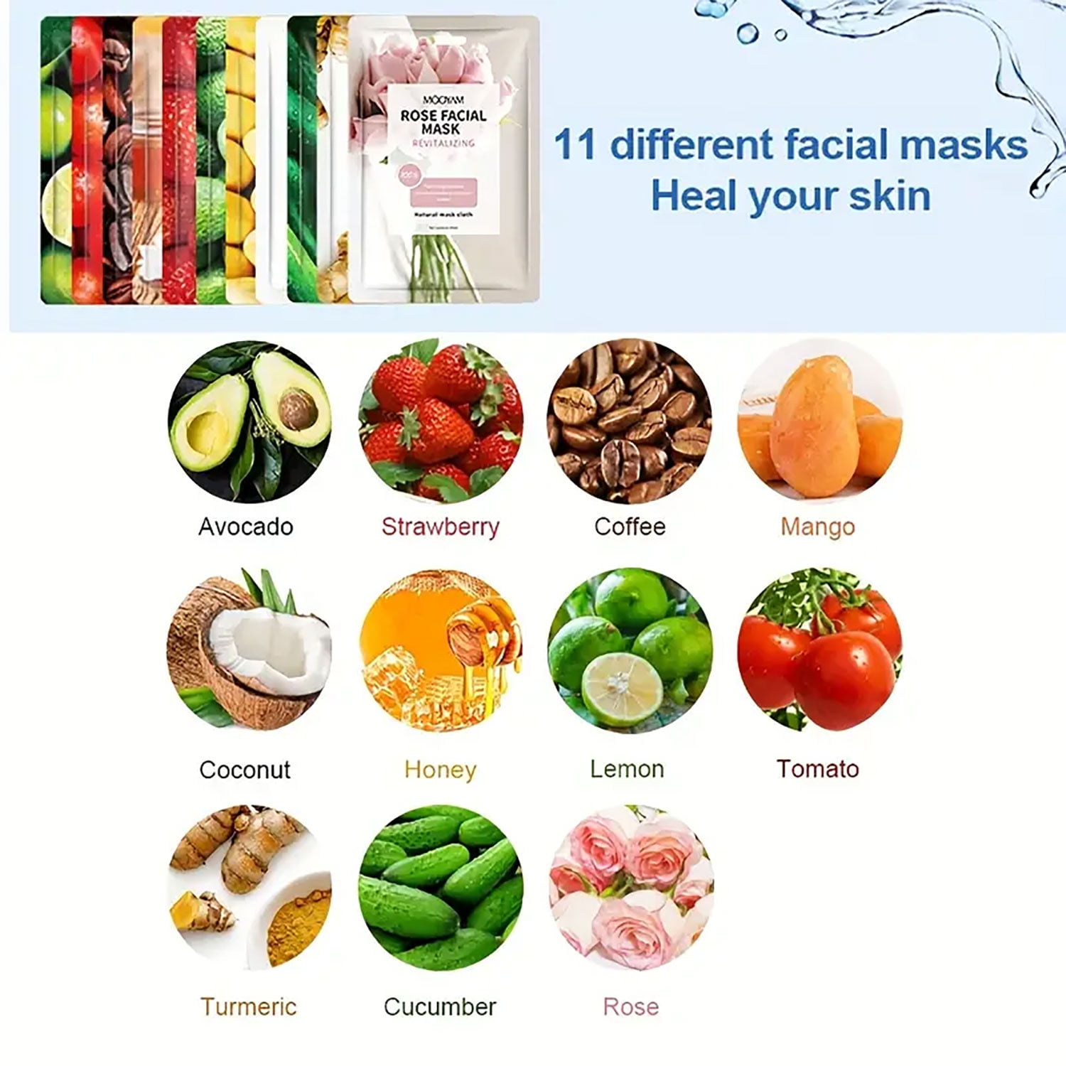 Mooyam 11 Pack Fruit Moisturizing Facial Mask Sheet, Rich in Fruit Essence Face Mask to Brighten and Hydrate Dull Skin