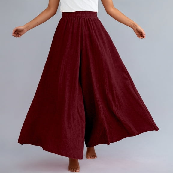 Women's Culottes Linen Wide Leg Pants Elastic Waist Casual Palazzo Trousers Women Linen Pants Color Red Size M