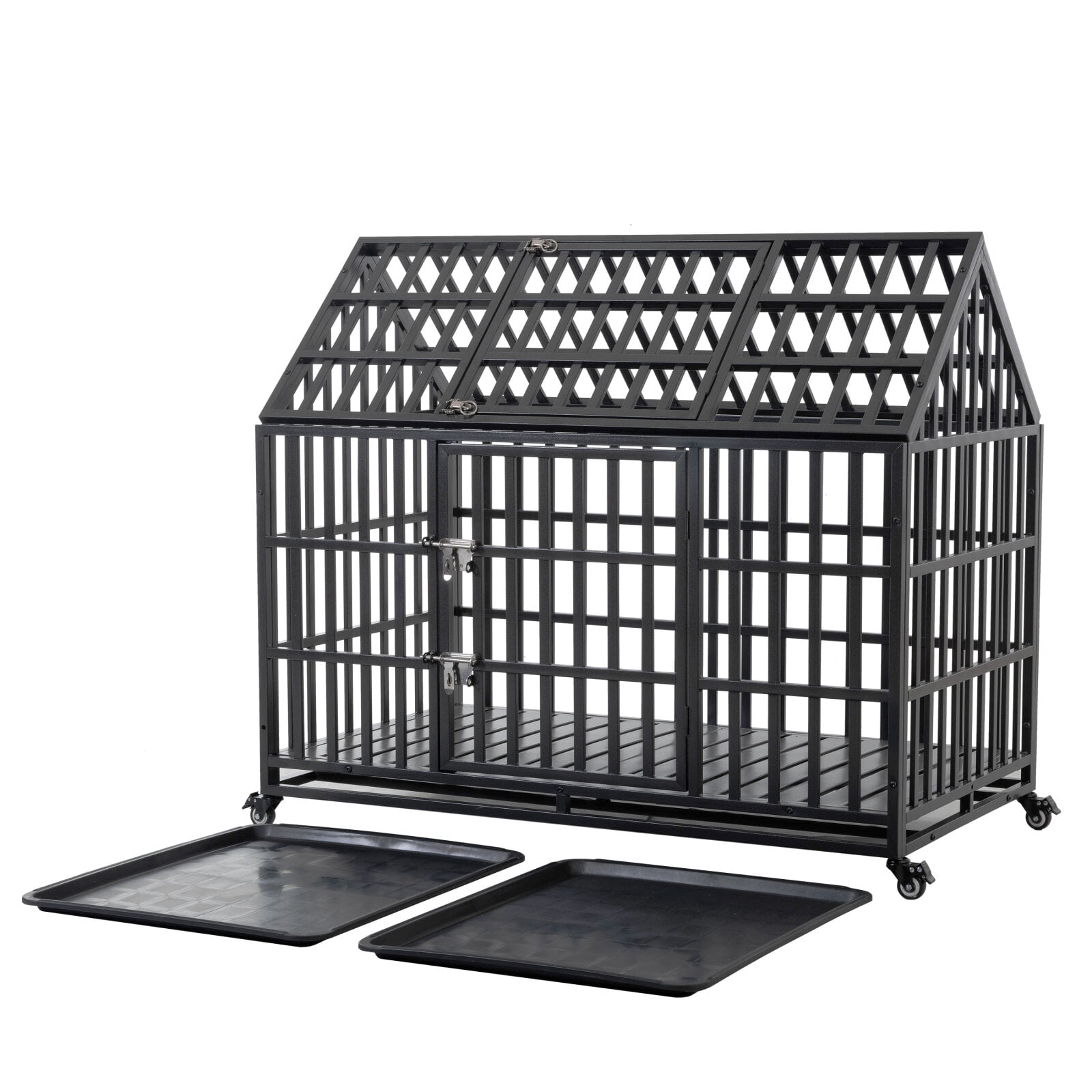 52" Heavy Duty Dog Crate Large Dog Cage with Removable Trays and Dual-Door Design, Metal Dog Kennels and Crates for Large Dogs with 4 Lockable Wheels, Black