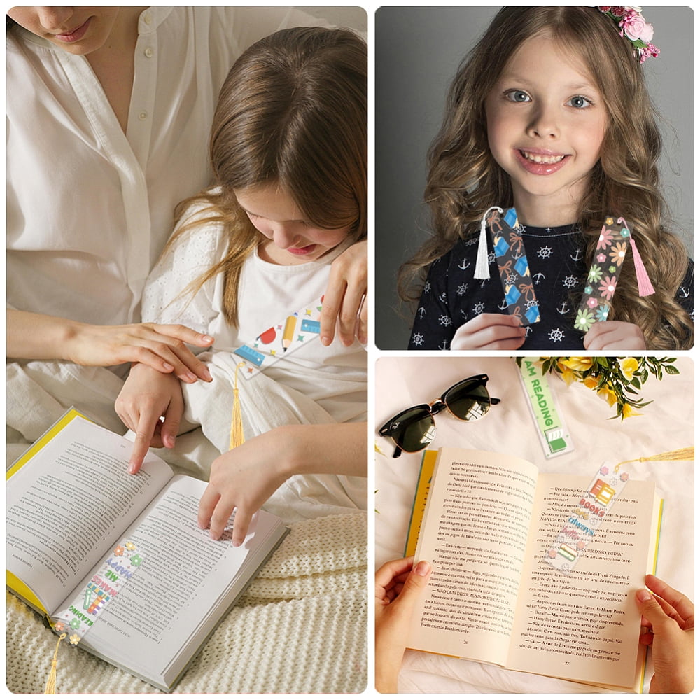 DIY Mixed Pattern Paper Bookmarks Making Kits with Plastic Stickers Acrylic Bookmark Polyester Tassel Mixed Color 120x30mm DIY