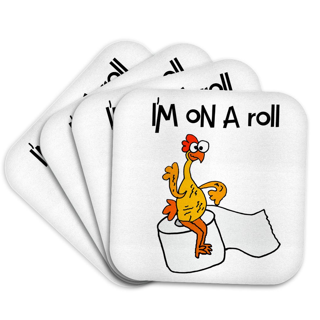 3drose, Funny Cute Rubber Chicken on Toilet Paper Im on a Roll Pun, Set of 4 Coasters - Soft