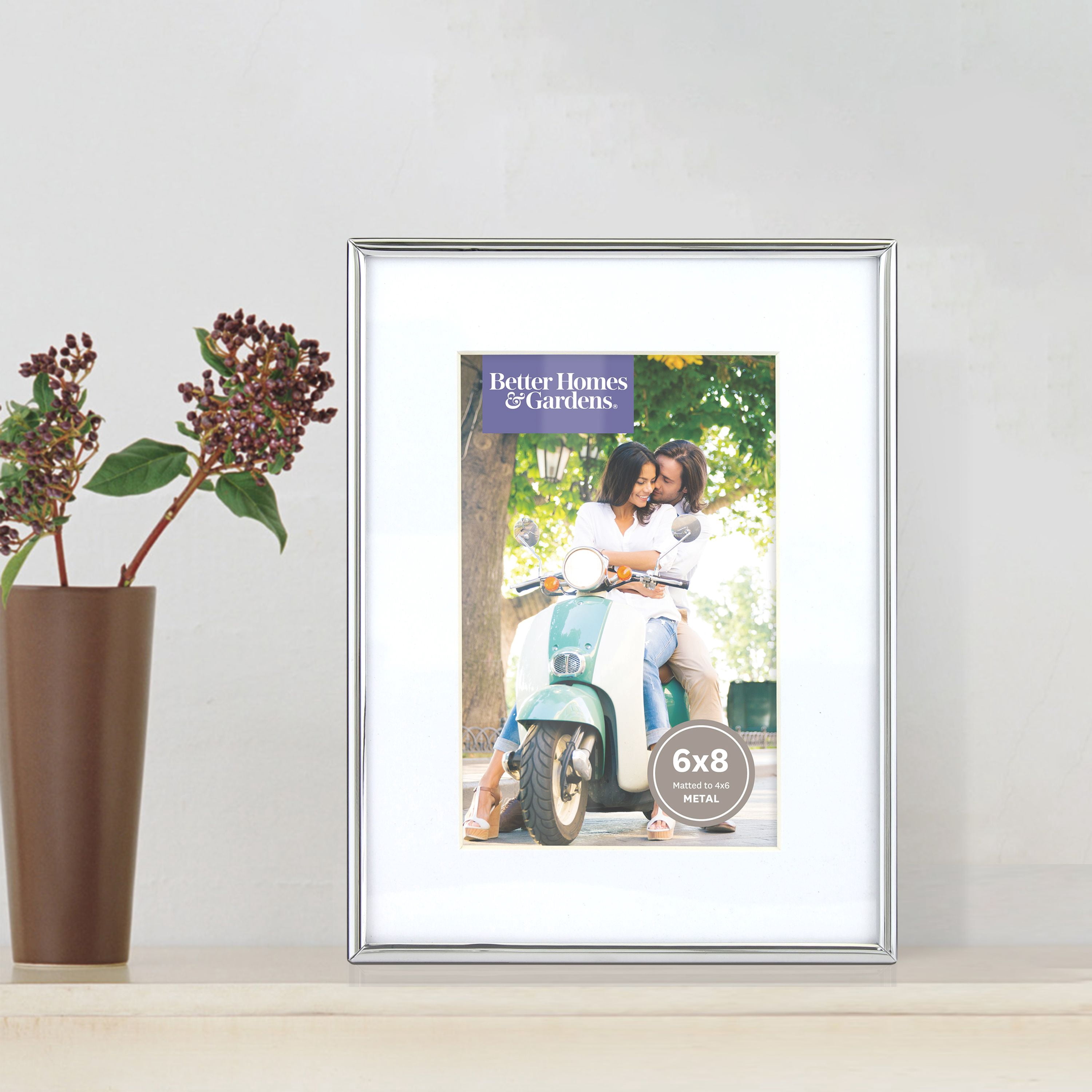 Better Homes & Gardens Rectangle Metal Single Picture Frame, Silver, 6 x 8, Matted for 4 x 6 Photo